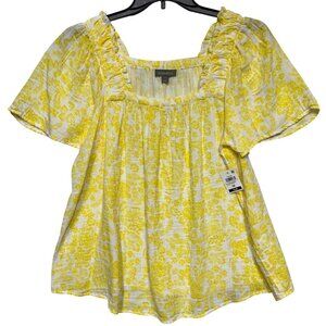 Style & Co Womens Plus Size 1X Paisley White Yellow Floral Print Gauze Cotton Bl